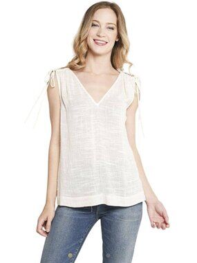 Brochu Walker NWT Aleka Top Ecru Linen Blend V Neck Tie Shoulder Detail Size S